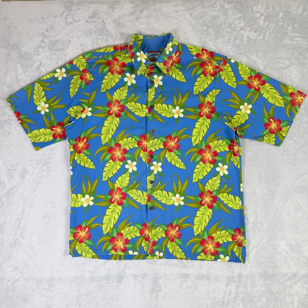 Reyn Spooner Joe Kealoha Shirt Mens Medium Blue‎ Floral Hibiscus Tropical Cotton